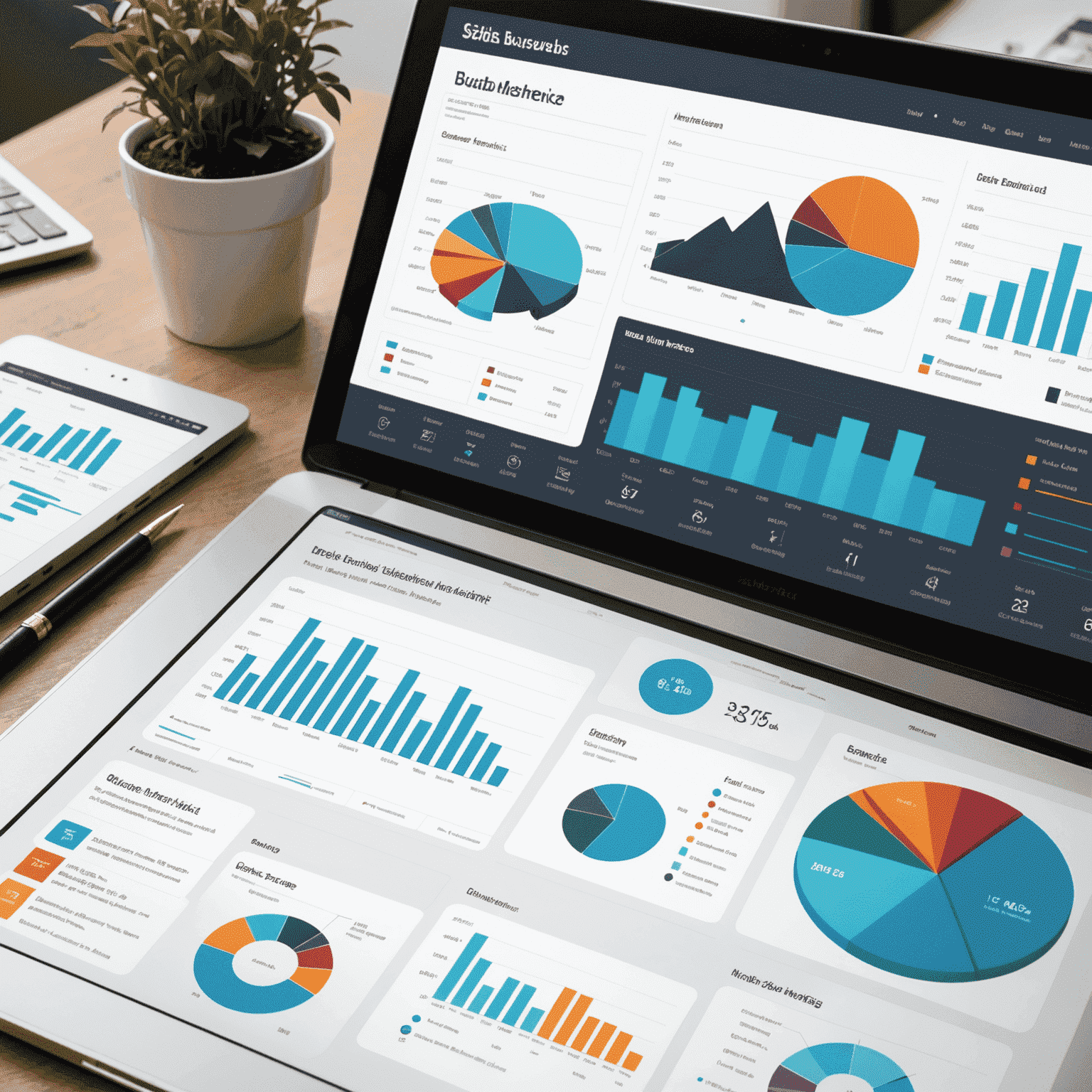 Data visualization dashboard showing various business intelligence metrics and trends