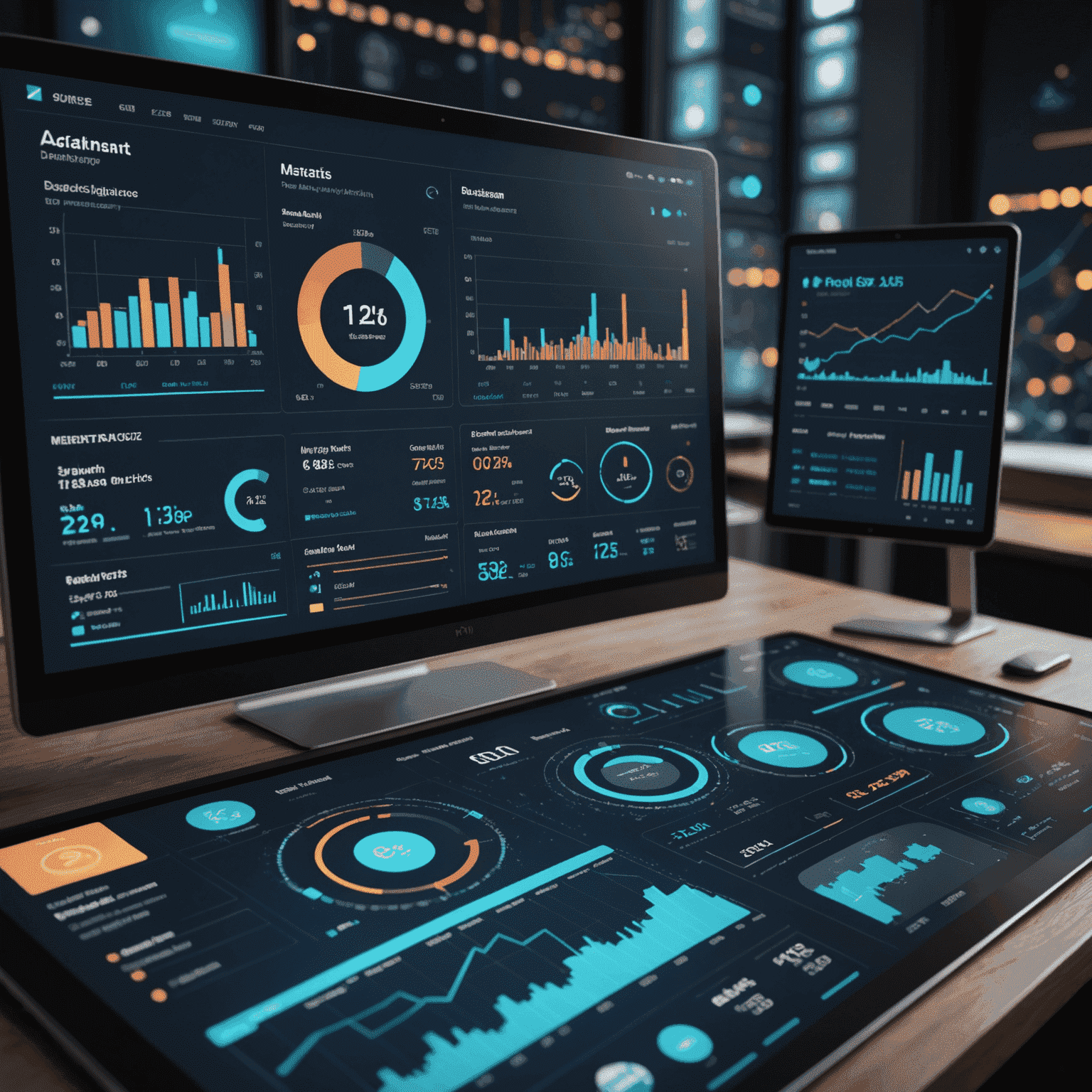 A futuristic dashboard displaying various AI-powered business intelligence metrics, including sales forecasts, customer sentiment analysis, and market trend predictions