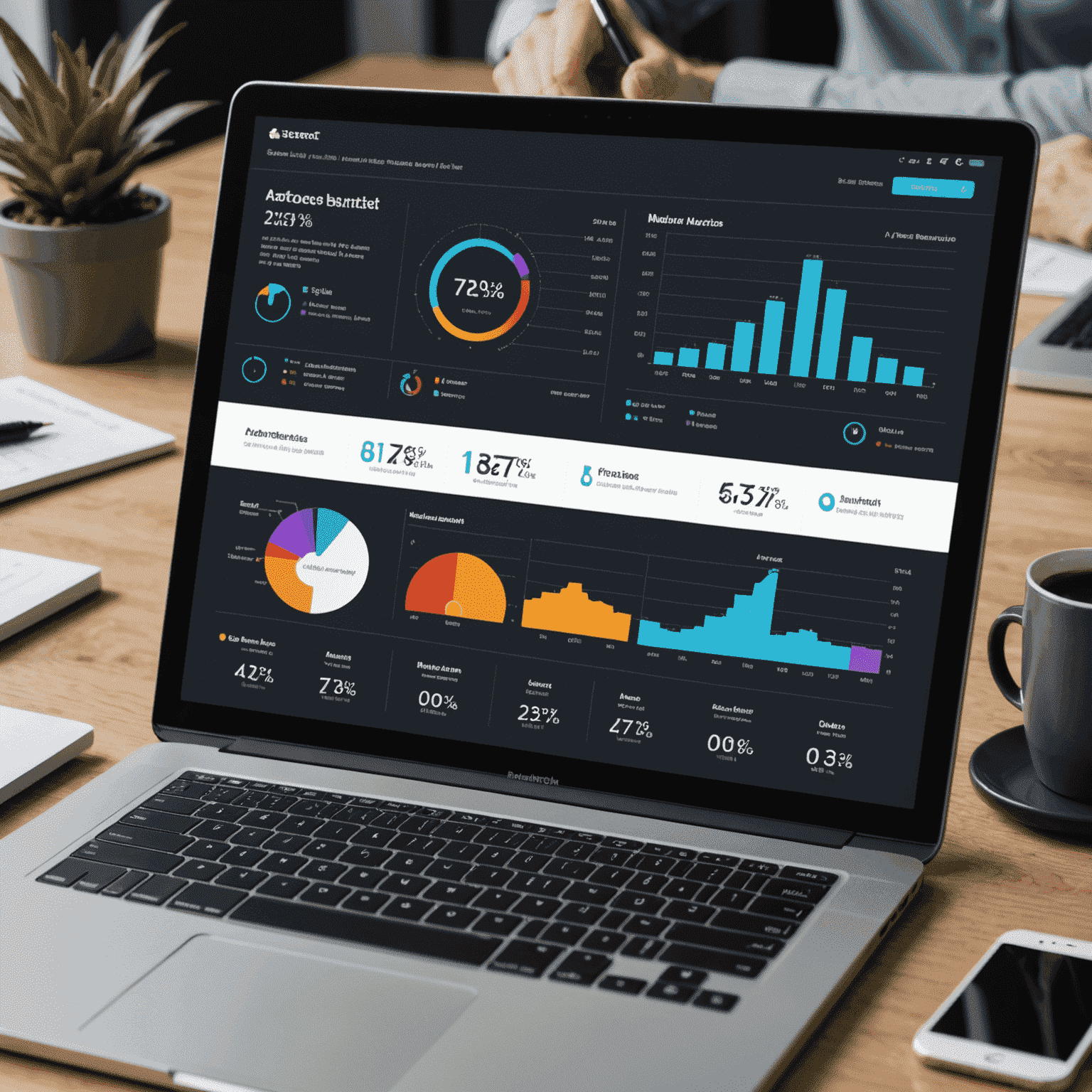 A complex data visualization dashboard with interactive charts, graphs, and infographics displaying business metrics and KPIs