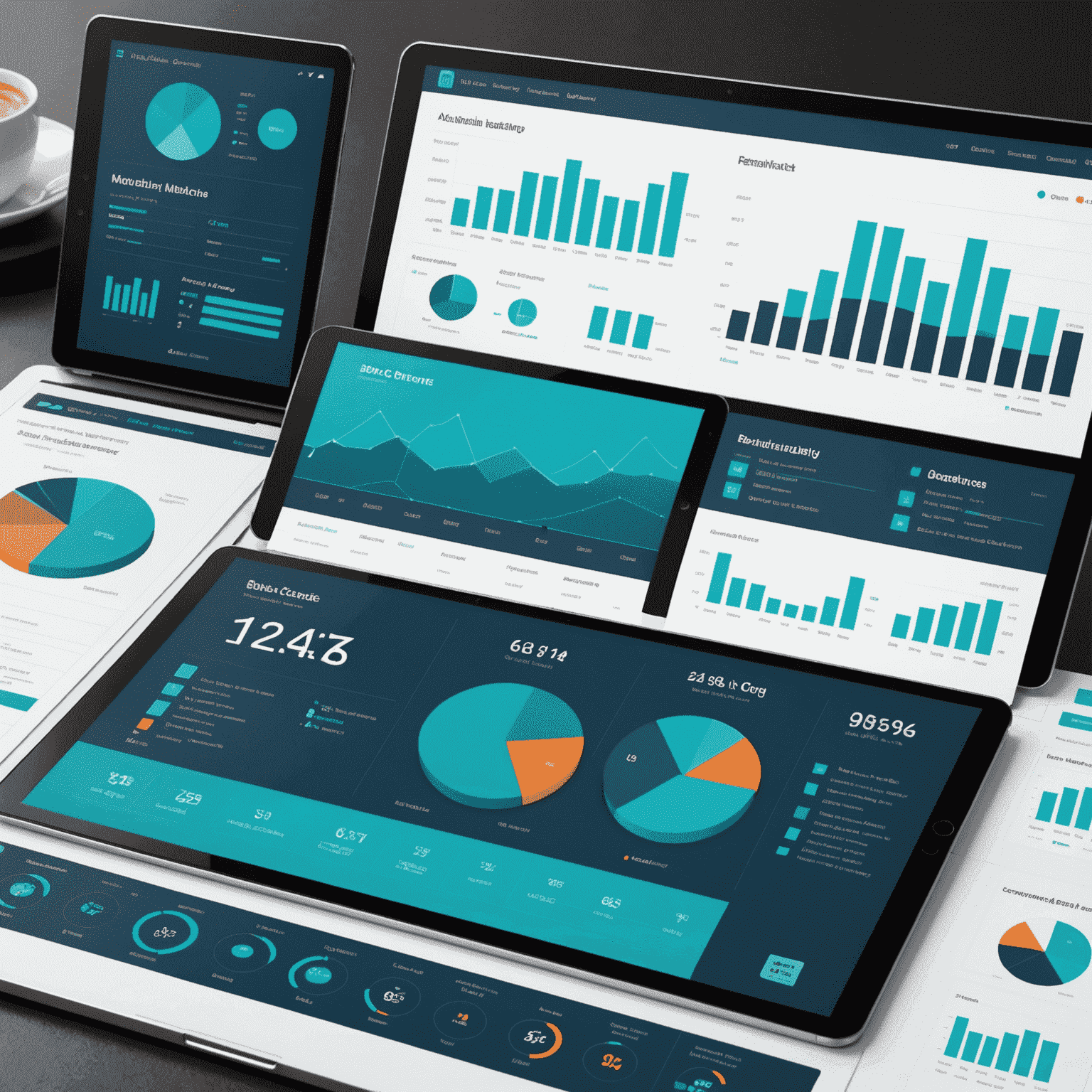 A modern, interactive dashboard displaying various business metrics through colorful charts and graphs. The image showcases line graphs, bar charts, and pie charts, all presented in a clean, professional layout with a predominant use of blue and teal colors.