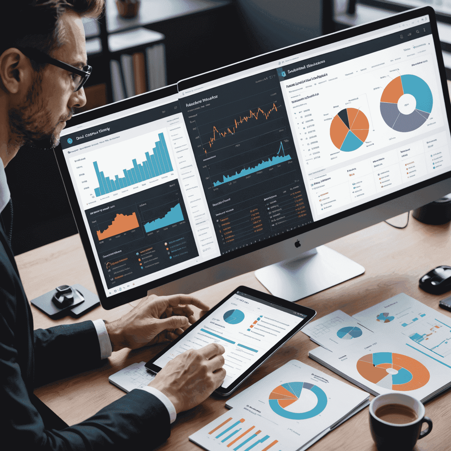 AI-powered data analysis visualization showing predictive trends and market insights