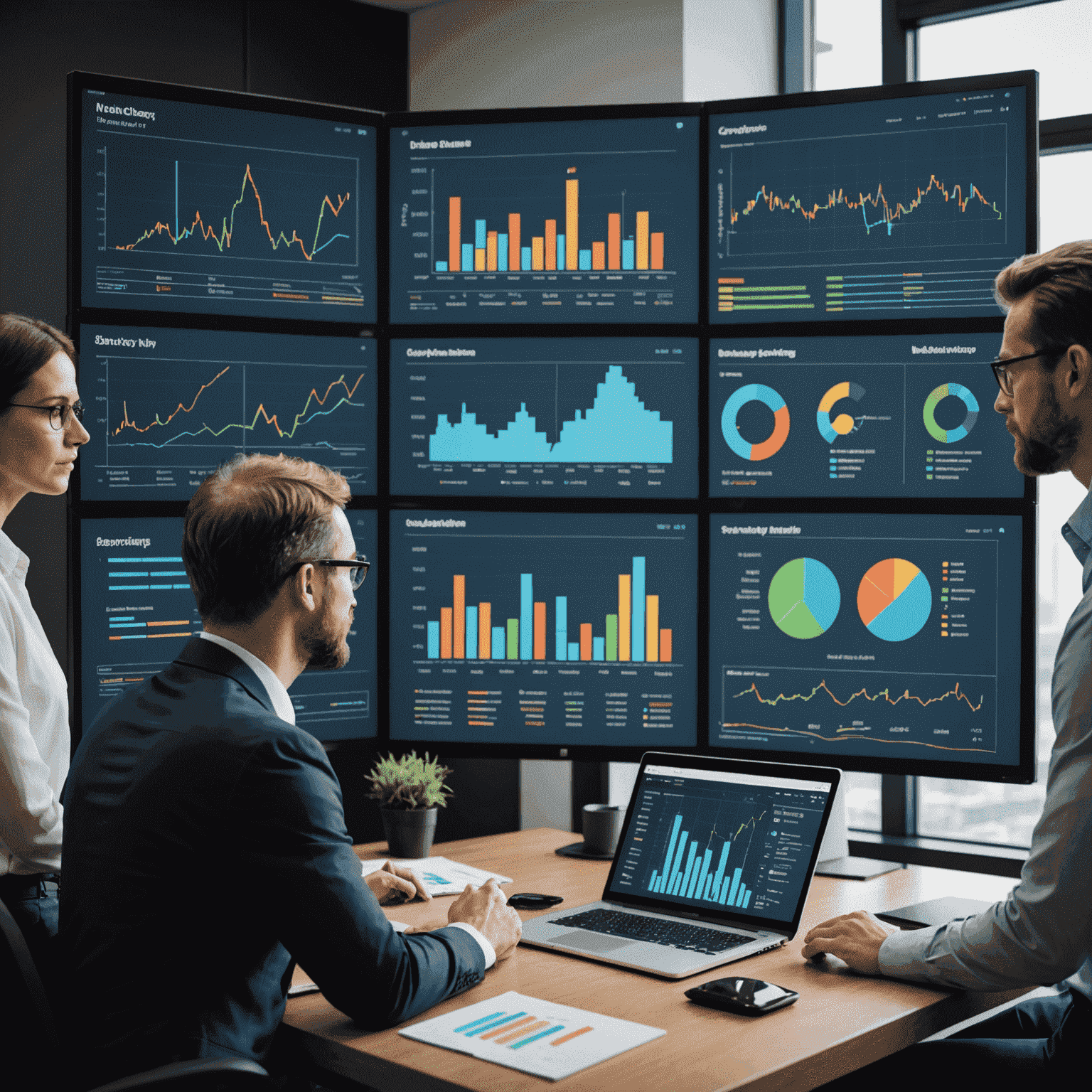 Data strategy consulting team analyzing charts and graphs on a large screen, showcasing various data visualization techniques and collaborative decision-making process