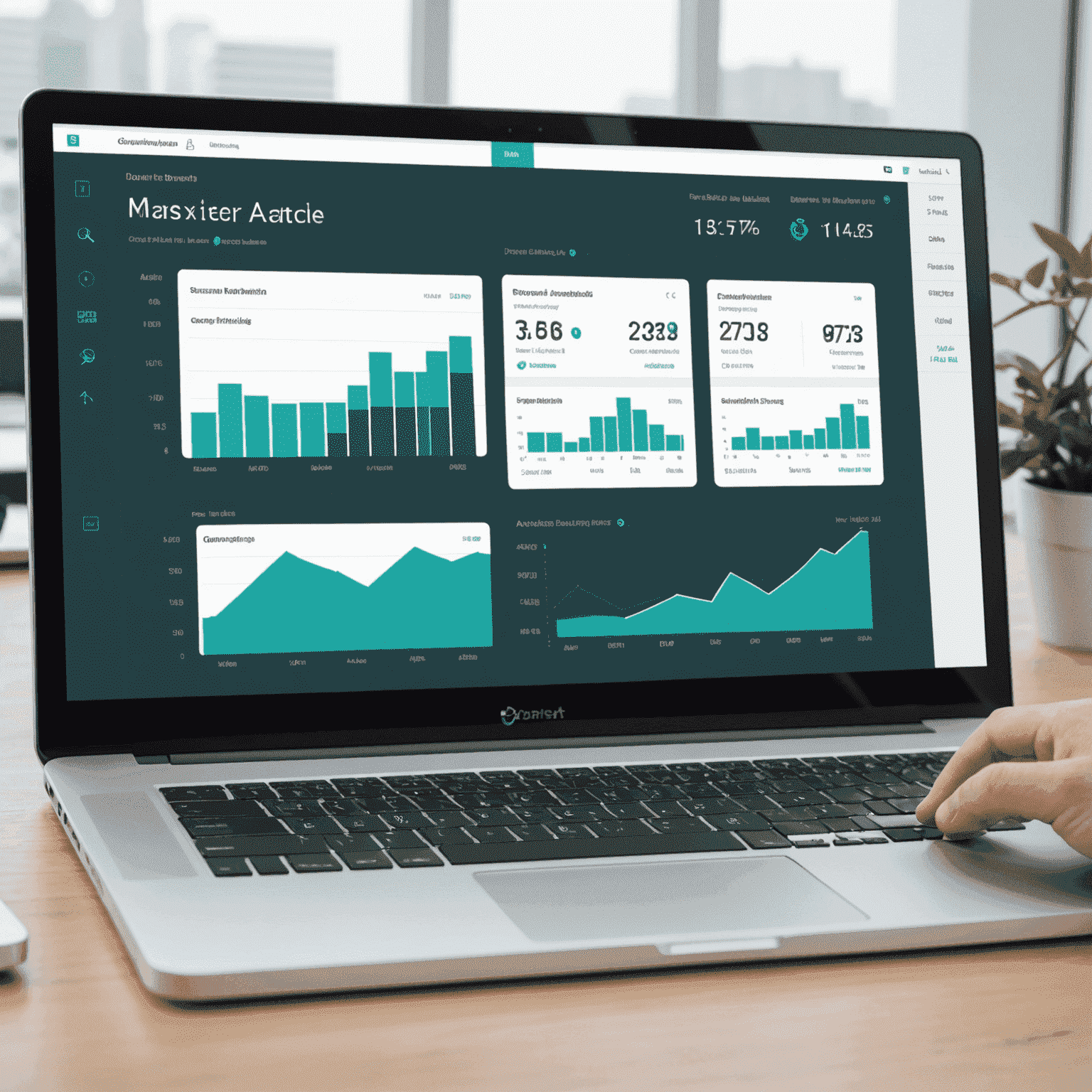 An interactive business dashboard with multiple widgets showing various KPIs, including sales trends, customer acquisition costs, and revenue forecasts. The dashboard features a clean, modern design with a predominantly white background and teal accents.