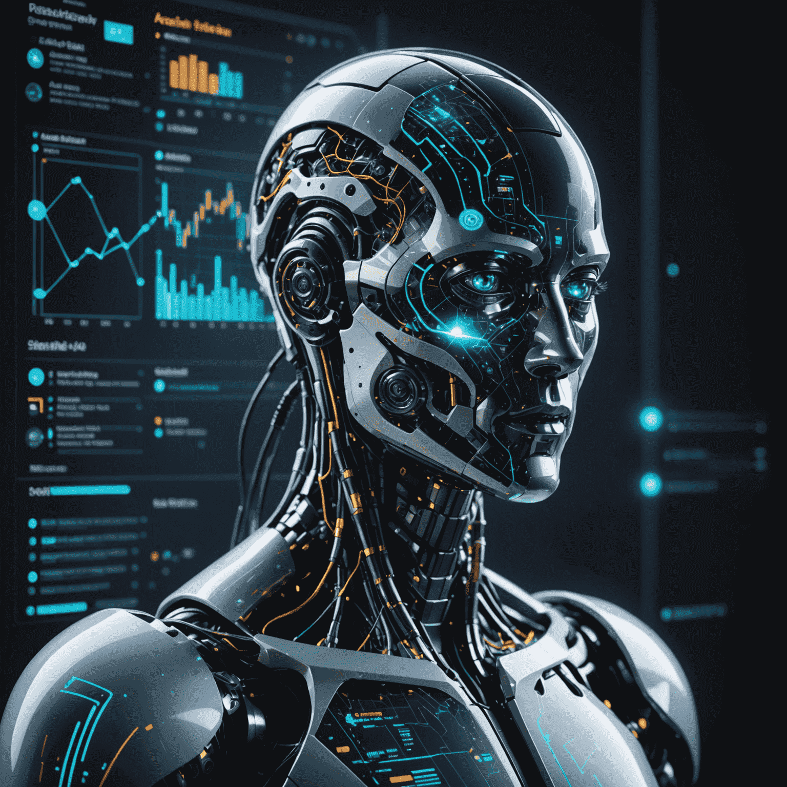 A futuristic representation of AI analyzing business data, with glowing neural networks and predictive charts